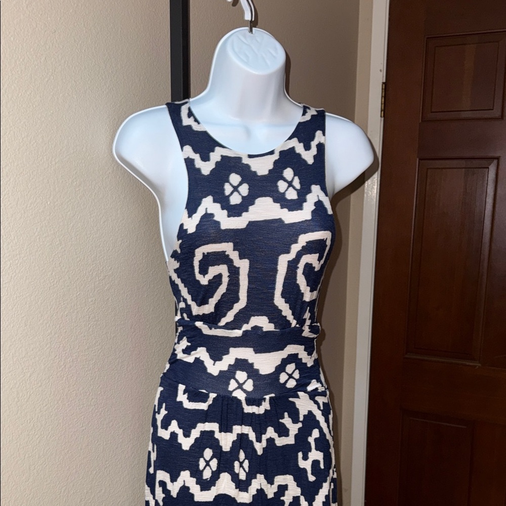 Maeve Navy Off White Ikat Scrollwork Maxi Dress Navy Cream Women’s Sz XS - Picture 2 of 7